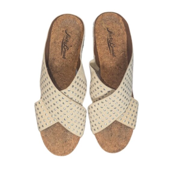 Lucky Brand Miller/MyKayla Studded Cork Wedge Sandals Beige Crisscross *SZ 7.5 - Picture 2 of 7